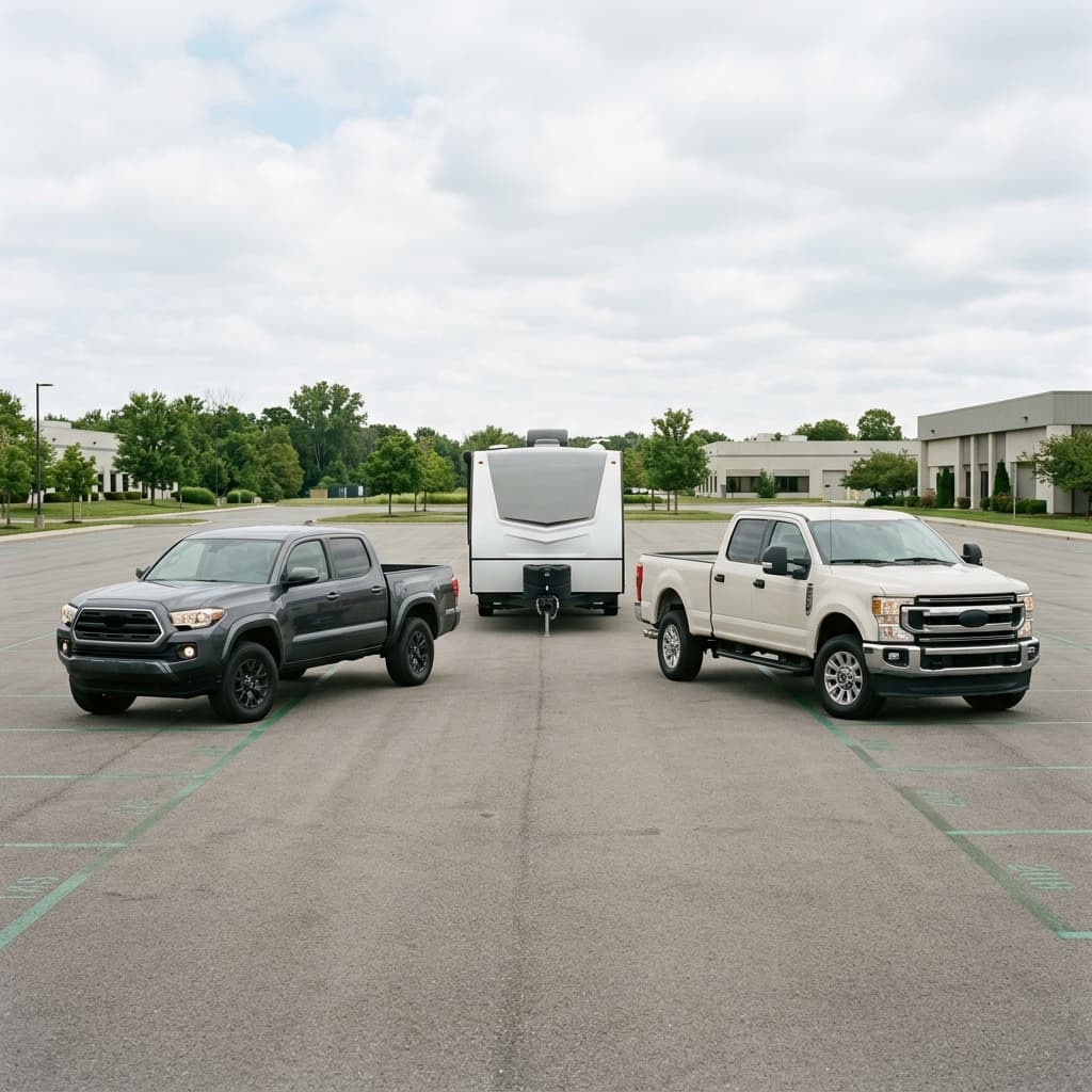 Two pickups parked side by side with a trailer in between them