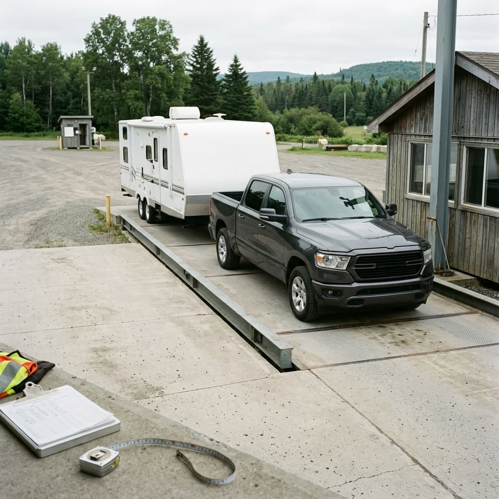 Pickup and travel trailer on scale platforms during full check