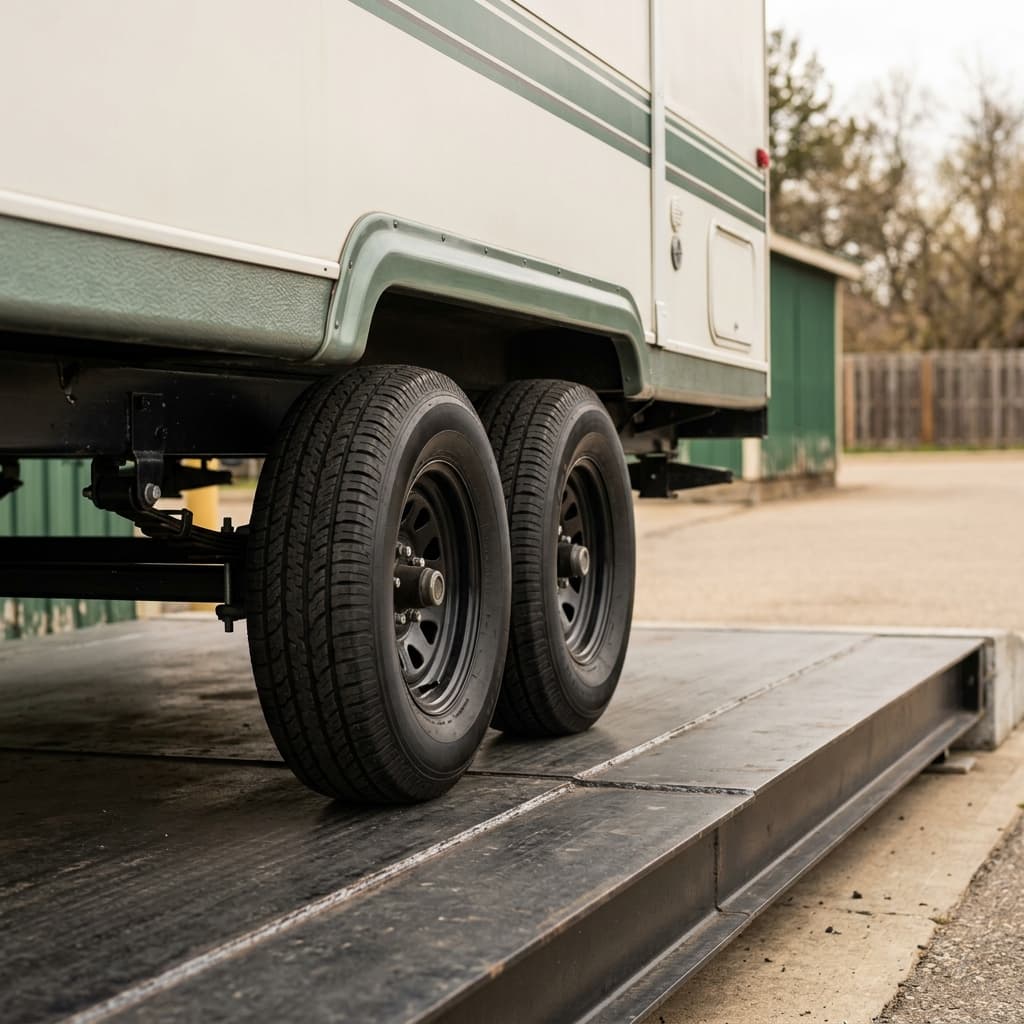 Close-up of tandem trailer tires and suspension on a scale platform