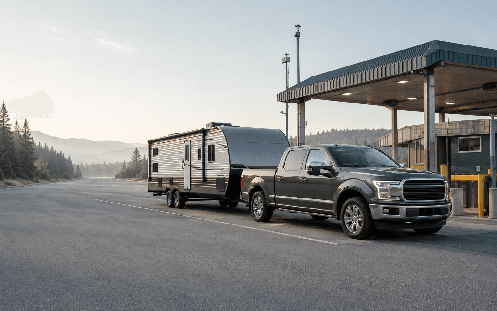 Pickup and travel trailer parked at a highway weigh station